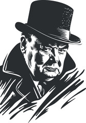 Black and white illustration of a man in a hat with a serious expression, vector style.