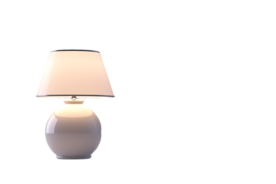 Illuminated Ceramic Table Lamp with Off-White Shade on White Background