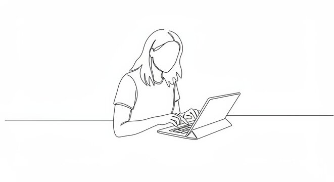 Elegant continuous line art of woman typing on tablet keyboard for minimalistic design