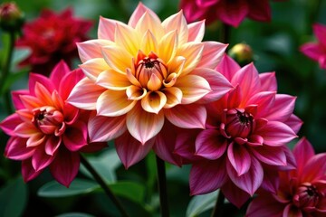 Fototapeta premium Intricate dahlia blooms, vibrant petals, lush foliage , pink, orange