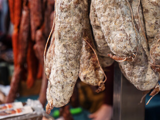 Traditional Cured German Sausage at a Local Market Stall Display