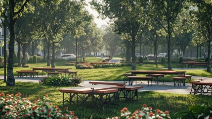 Obraz premium Serene Park Scene with Picnic Tables and Lush Greenery
