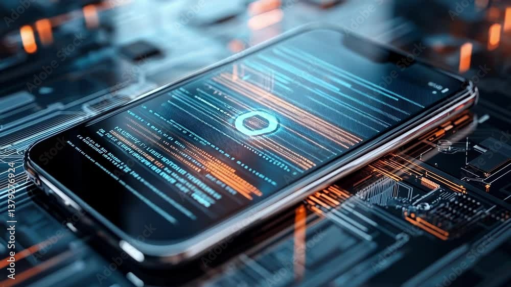Poster futuristic smartphone displaying lines of source code lies on a complex circuit board, representing 