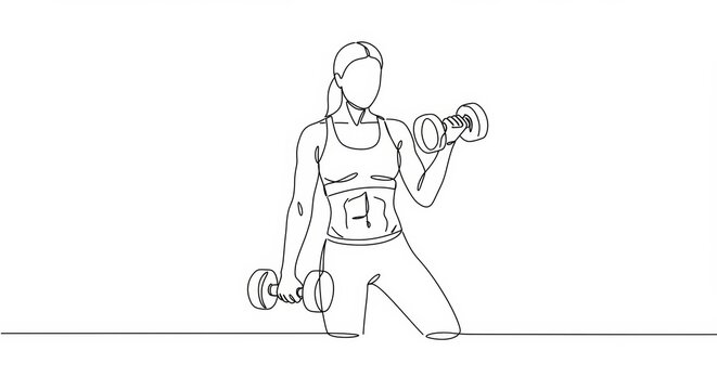 Minimalist line art illustration of a woman lifting dumbbells in a gym setting
