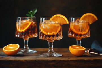 Cocktail Glasses with Oranges Ice and Eco-Friendly Straw on Rustic Table Dark Mood Still Life