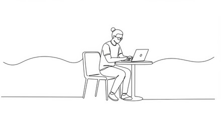 Minimalist Line Art: Freelancer Working at Cafe with Laptop, Clean Aesthetic