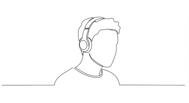 recommend clip art: Minimalist line drawing of person listening to music with wireless headphones