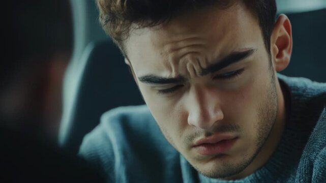 Close up of a young politician frowning and expressing disbelief, revealing deep skepticism and concern about pressing political issues and the challenges they present