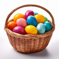 Naklejka premium Isolated wicker basket filled with colorful dyed Easter eggs