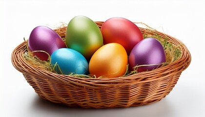 Isolated wicker basket filled with colorful dyed Easter eggs
