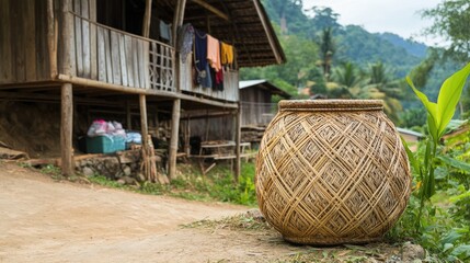 A bamboo-woven grain storage container placed in a traditional wooden house