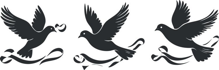 Obraz premium Illustration of three flying dove silhouettes with ribbons representing peace and freedom.