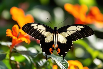 Fototapeta premium Butterfly on green leaf in flowers