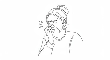 Minimalist line art illustration of a woman sneezing into a tissue with elegance