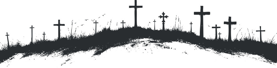 Silhouetted graveyard with crosses on a hillside, creating a dark and eerie atmosphere.