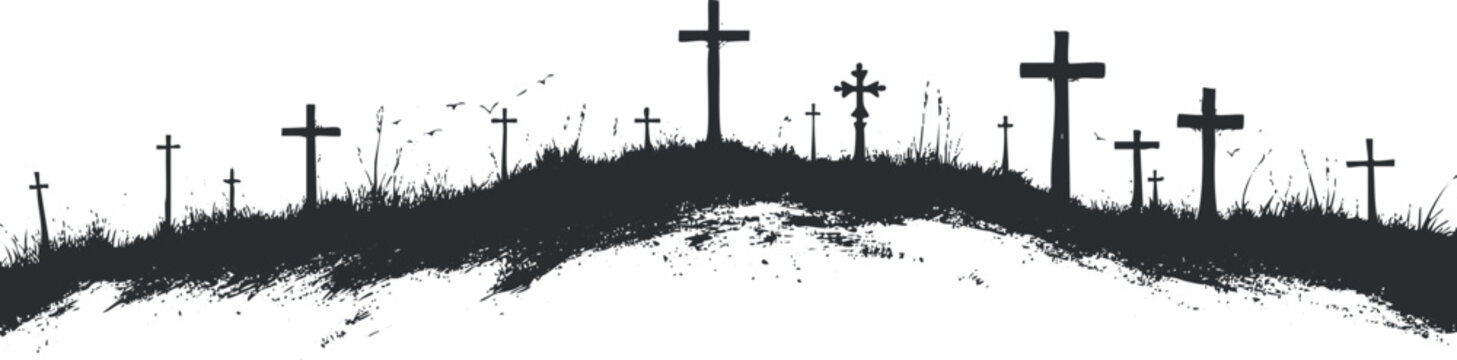 Silhouetted graveyard with crosses on a hillside, creating a dark and eerie atmosphere.