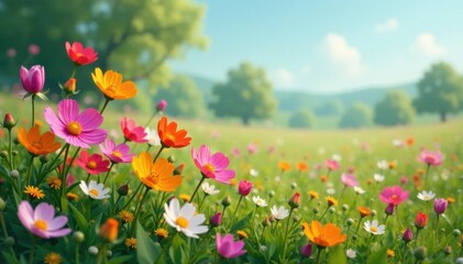Naklejka premium cluster of flowers in meadow, flowers, garden, field