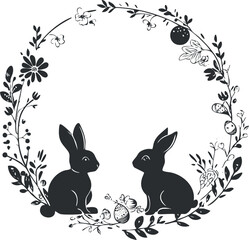 Fototapeta premium Silhouette of two rabbits surrounded by a decorative floral wreath in black and white.