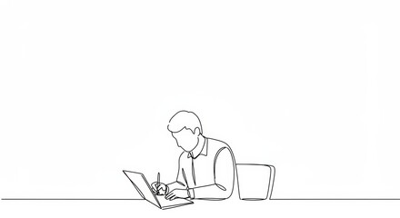 Minimalist single line drawing depicting a person working at a desk with laptop