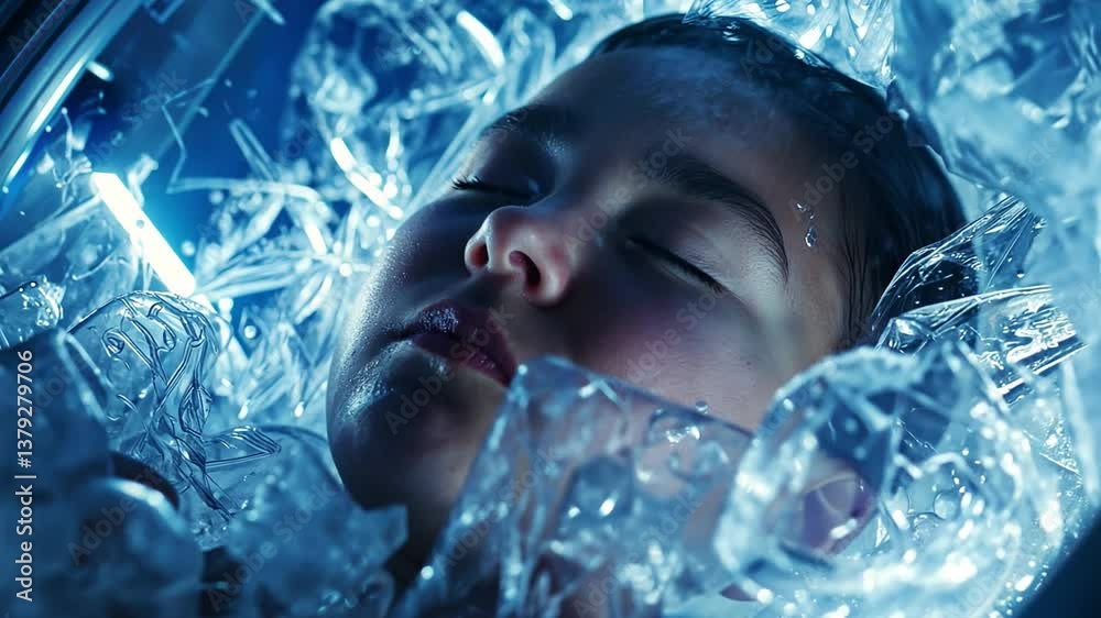 Poster this figure in suspended animation, encased in ice and surrounded by advanced biotech.