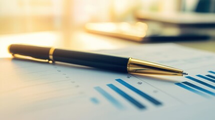 A gold-accented pen rests on financial charts in soft light