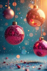 Colorful abstract Christmas balls suspended in mid-air, sparkling, glowing, ornaments