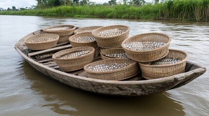 Fototapeta premium A group of fish baskets stacked on a wooden boat floating near a riverbank