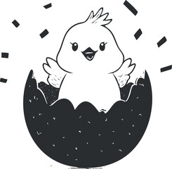 Obraz premium Cute cartoon chick hatching from an egg in black and white illustration.