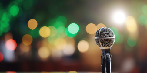 Stage Microphone Close-up with Bokeh Lights Concert, Music, Performance
