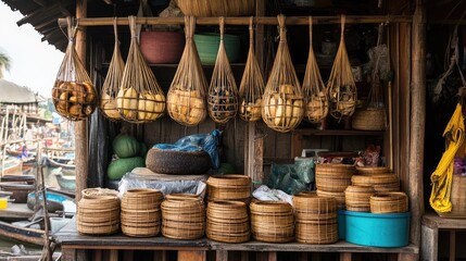 Fototapeta premium A market stall displaying a variety of handmade bamboo fishing traps