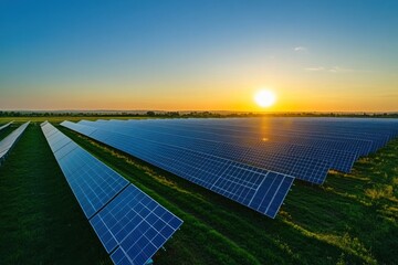 Many solar panels installed in a field under the sunset