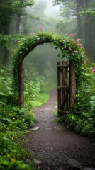 Fototapeta premium Enchanting garden entrance in a misty forest pathway for nature retreat design