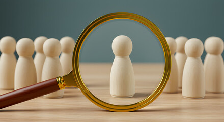 Wooden Peg Dolls Magnified for Recruitment Concepts on Wood Grain Background