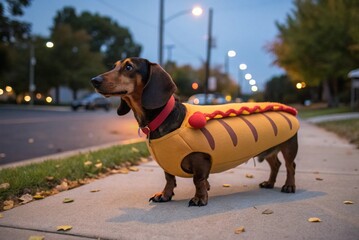 Dachshund in a hot dog costume for Halloween outside on the sidewalk - generated by ai
