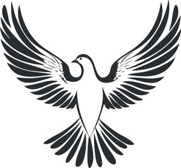 Fototapeta premium Black and white silhouette of a dove with outstretched wings representing peace and freedom.