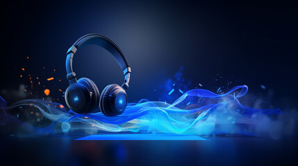 Wireless Headphones on Blue Abstract Background Music Technology Product Render