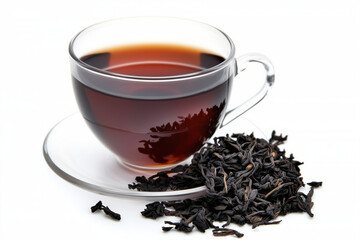 Glass Cup of Black Ceylon Tea with Dried Tea Leaves on White Background – Premium Herbal Beverage Concept