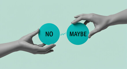 Two Hands Moving Teal Circles with No and Maybe on Pastel Blue Background