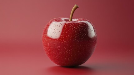 Glossy red apple with water droplets on skin and stem isolated against plain red background