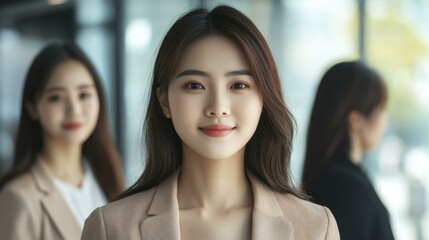 Obraz premium Smiling Asian businesswoman portrait in office with colleagues