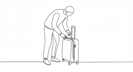 Minimalist line art of a person zipping up a suitcase before a trip on white