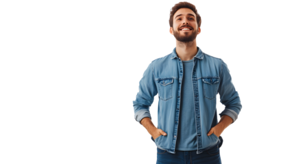 Professional Young Man Smiling with Hands in Pockets Looking Up - Stock Image