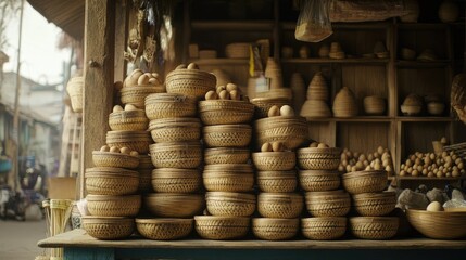 A stack of bamboo-woven egg baskets, carefully arranged in a rural shop