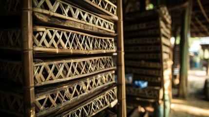 Obraz premium A stack of woven bamboo fish traps with intricate weaving patterns