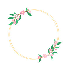 Round floral frame with elegant gold geometric lines and pink flowers isolated on white background. Decorative blossom design element for invitations, greeting cards. Botanical vector illustration