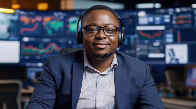 Confident tech analyst wearing headset in front of multiple computer screens