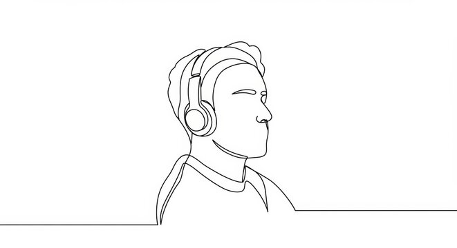recommend clip art: Minimalist line art: Person listening to music with wireless headphones design