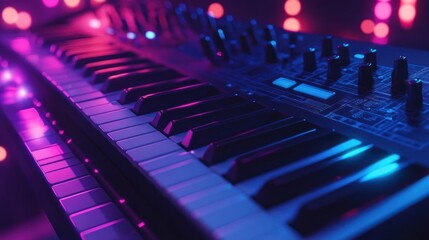 Obraz premium Close-up of a synthesizer keyboard illuminated by vibrant purple and blue neon lights.