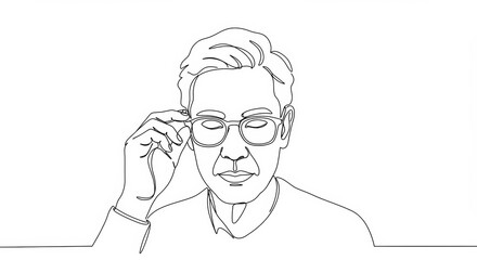 Elegant minimalist line art portrait of a person adjusting eyeglasses in a sleek monochrome design