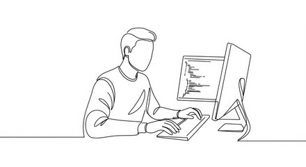 Minimalist line art depicting a developer at computer coding with continuous line